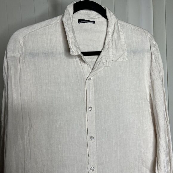 Linen Men Casual Button Up Shirt Ivory Roll Up Sleeve Made in Italy Size 2XL - Picture 5 of 7